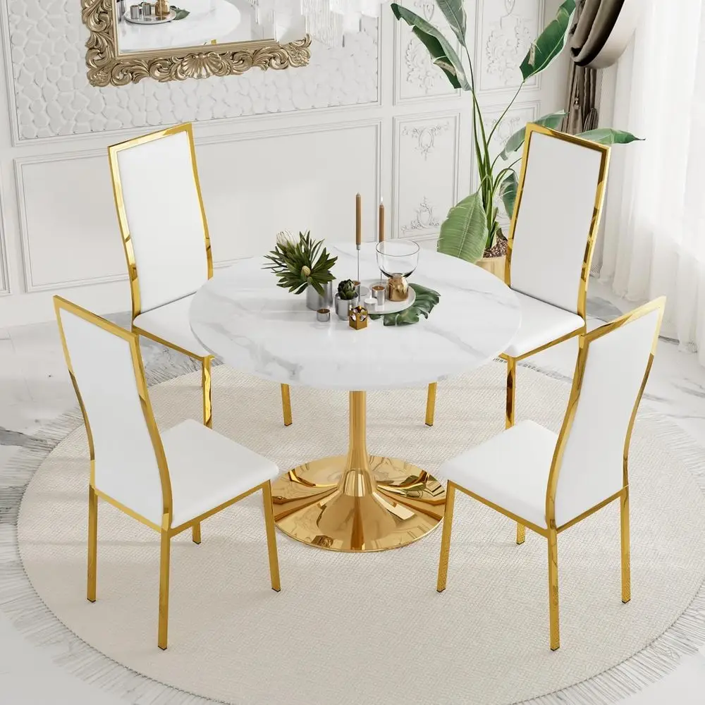 Modern 34 Marble MDF Tulip Dining Table Set with 4 Chairs for Kitchen or Cafe