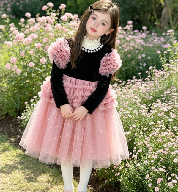 Girls' Dress 2026 Autumn and Winter New Children's Clothing Korean Style Girl Baby Sweet Delicate Velvet Splicing Mesh Dress