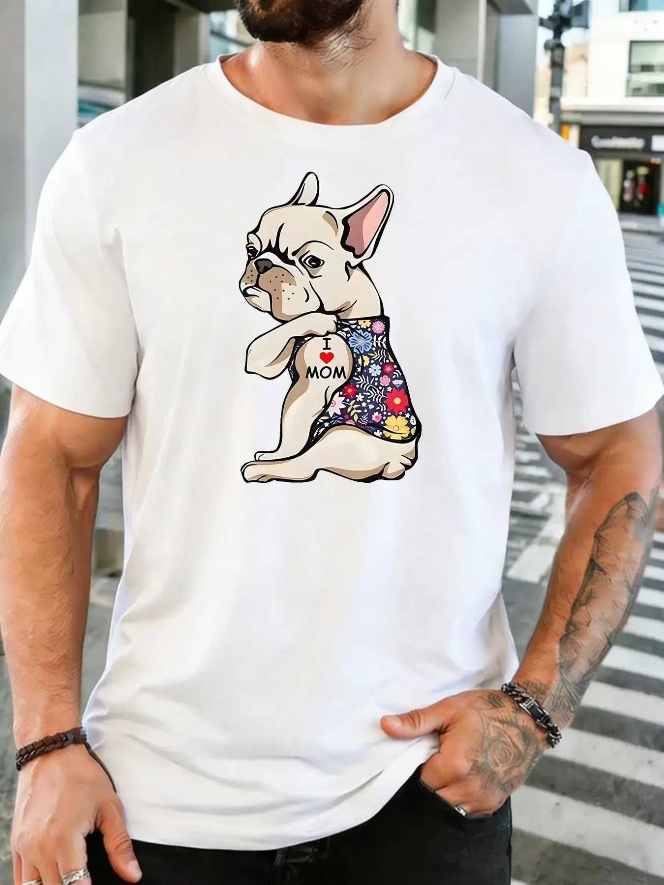 Floral French Bulldog I Love Mom Tattoo Graphic Mens Cotton Tee Short Sleeve Crew Neck Animal Print Male Casual Mother Day Gifts