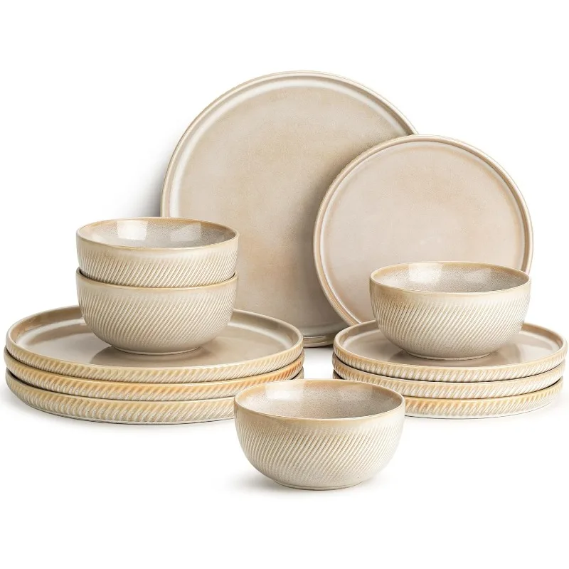 Earthsong Dinnerware Sets for 4, 12-Piece Ceramic Plates and Bowls Set, Dishwasher and Microwave Safe Stoneware Dishes Set