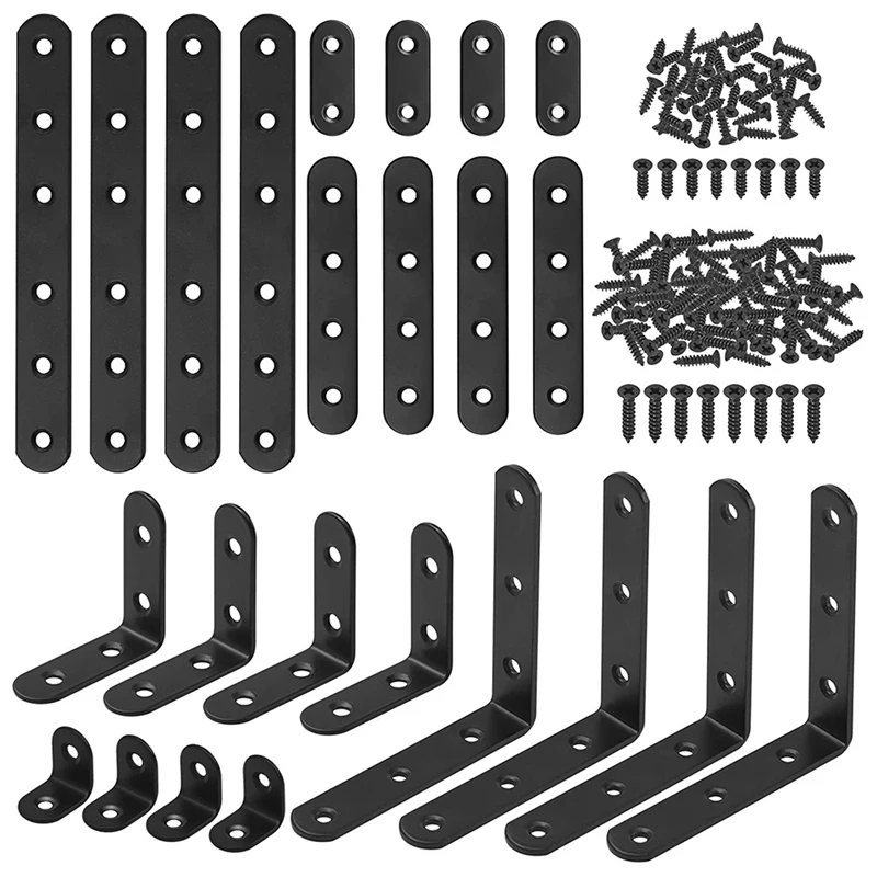 

24 Pack Stainless Steel Black L Bracket Corner Brace And Straight Bracket With Screws Corner Fastener For Joist Support