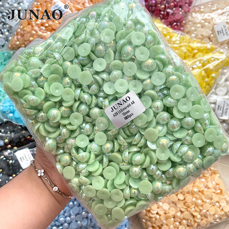 JUNAO 2 4 6 8 10 12 14mm Aquamarine AB Imitation Flatback Pearls Half Round Pearl ABS Plastic Rhinestones Beads For DYI Jewelry