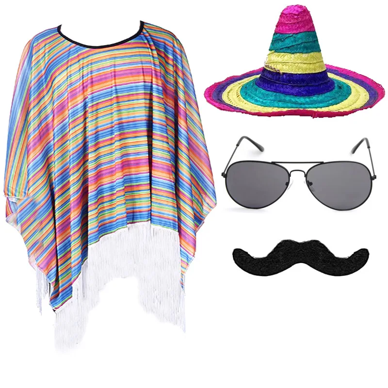 Mexican Cloak Halloween Costume Cosplay Kids Stripe Shawl Hat Party Supplies Adult Children Men Women Ethnic Folk Carnival Suit