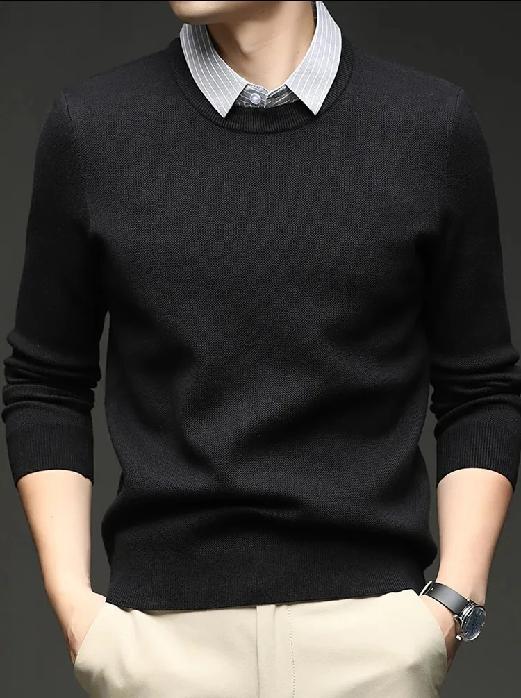 

Мужской шерстяной вязаный свитер верблюжьего цвета с искусственным многослойным воротником в винтажном деловом повседневном стиле