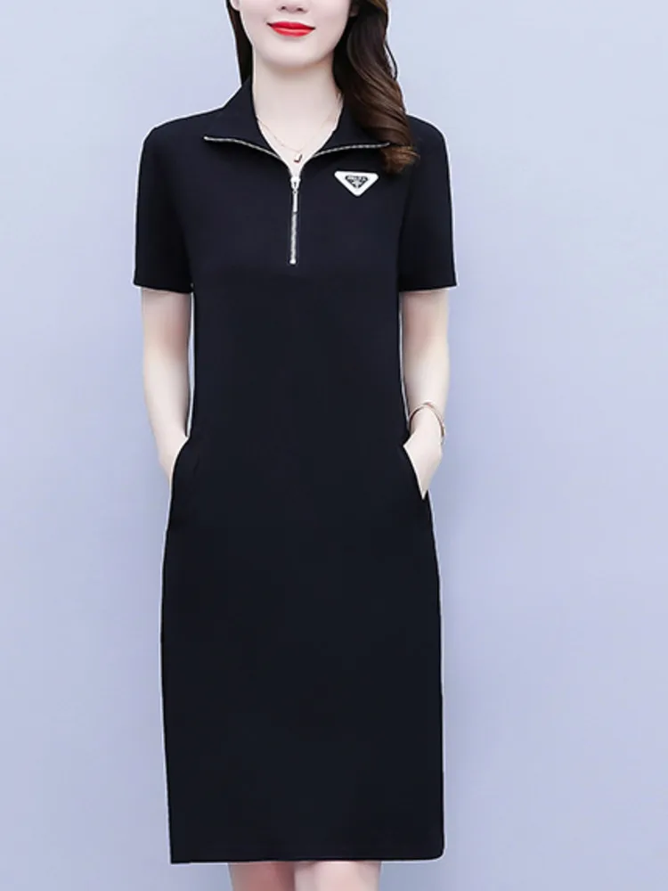 #7946 Black Striepd Short T Shirt Dress Women Turn-down Collar Zipper Polo Shirt Dress Femme Short Sleeve Slim Office Mini Dress