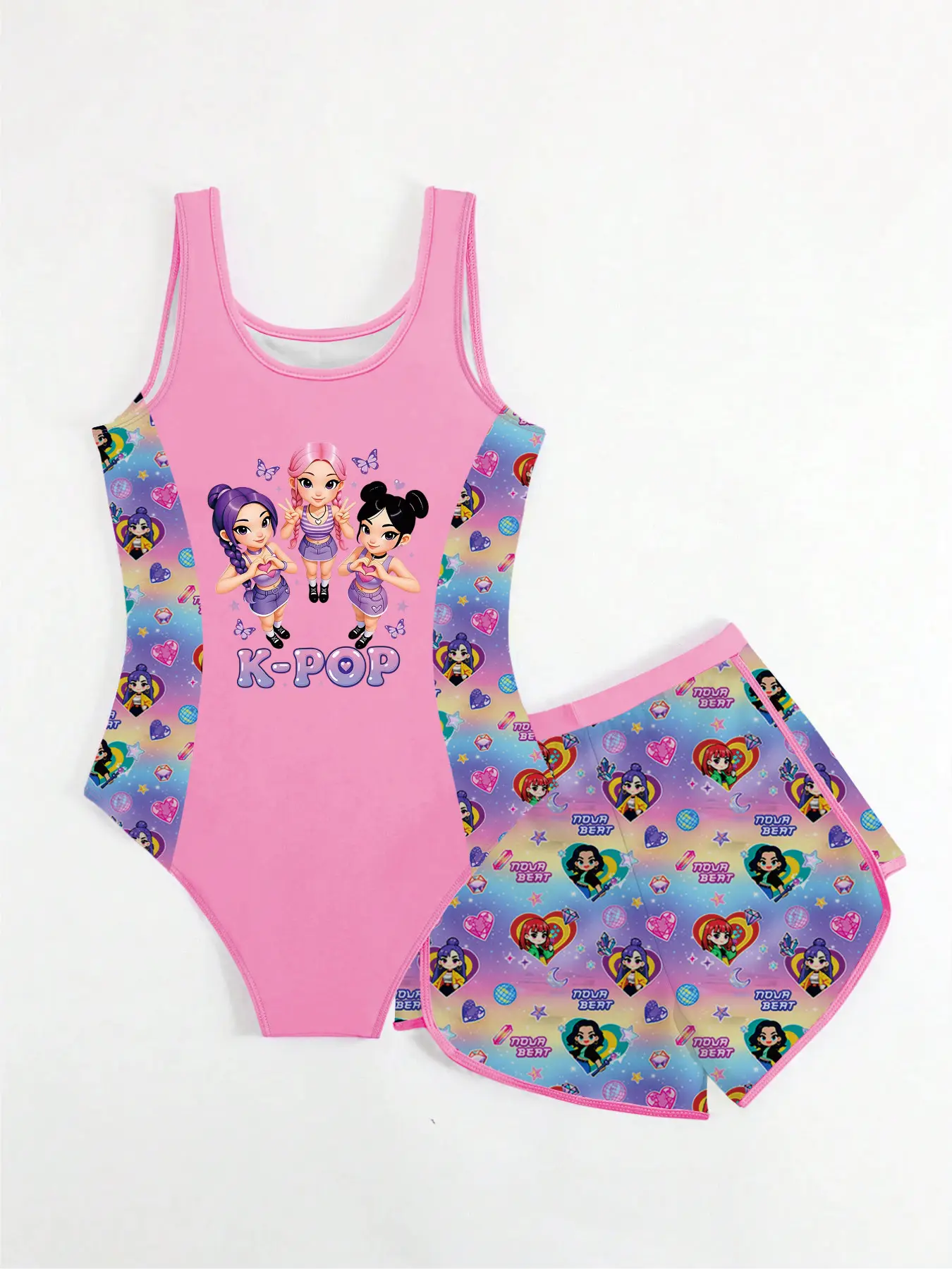 2-Piece K-POP Anime Print Girls Swimsuit & Shorts Set UPF 50+ UV Protection Summer Beach Swimwear