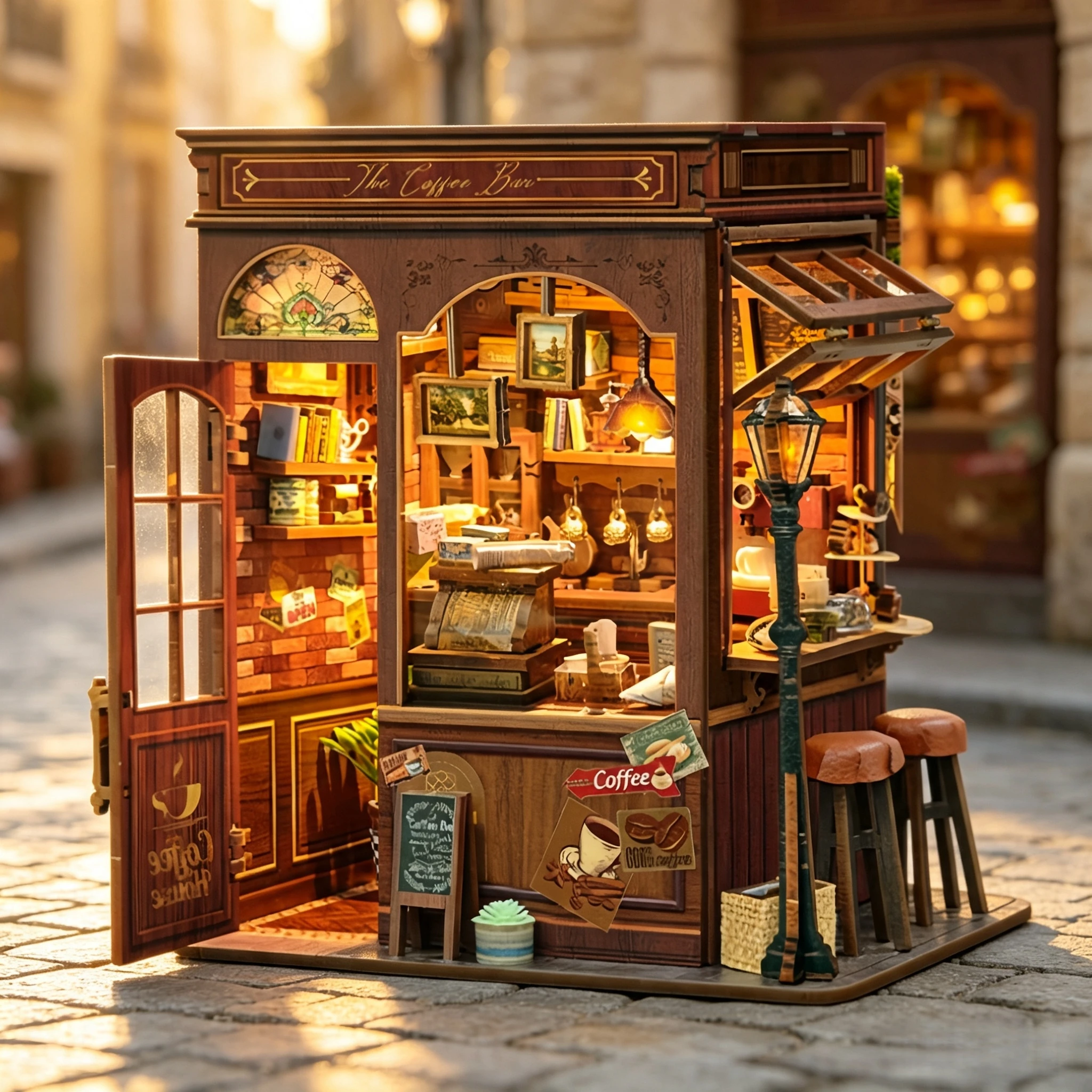 DIY Book Nook Shelf Insert Kit Morning Mist Cafe Bookend Miniature Dollhouse 3D Puzzle Assembly Model for Adults Birthday Gifts