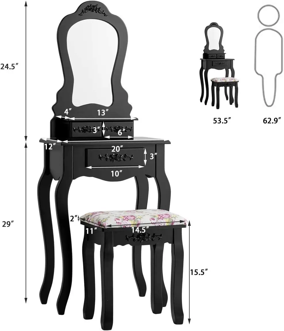 Vanity Table Set With Stool & Mirror, Multifunction Makeup Table Writing Desk With Drawers, Fan-Shaped Mirror & Cushioned