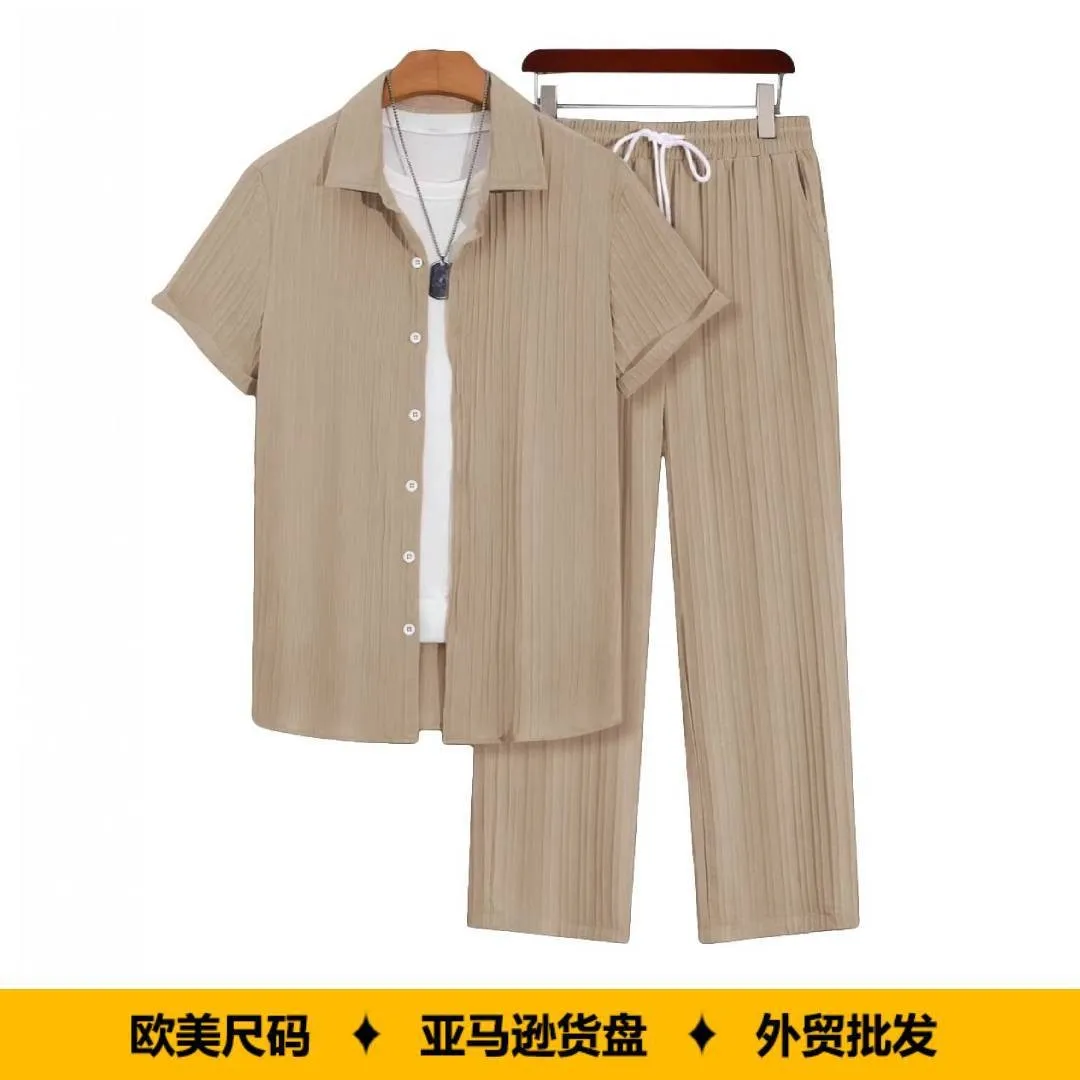 

Summer Outfit Men 2 Piece Set Short Sleeve Shirts Beige Pleated Pants Button Down Shirt Light Blue Loose Fit Casual Shirt