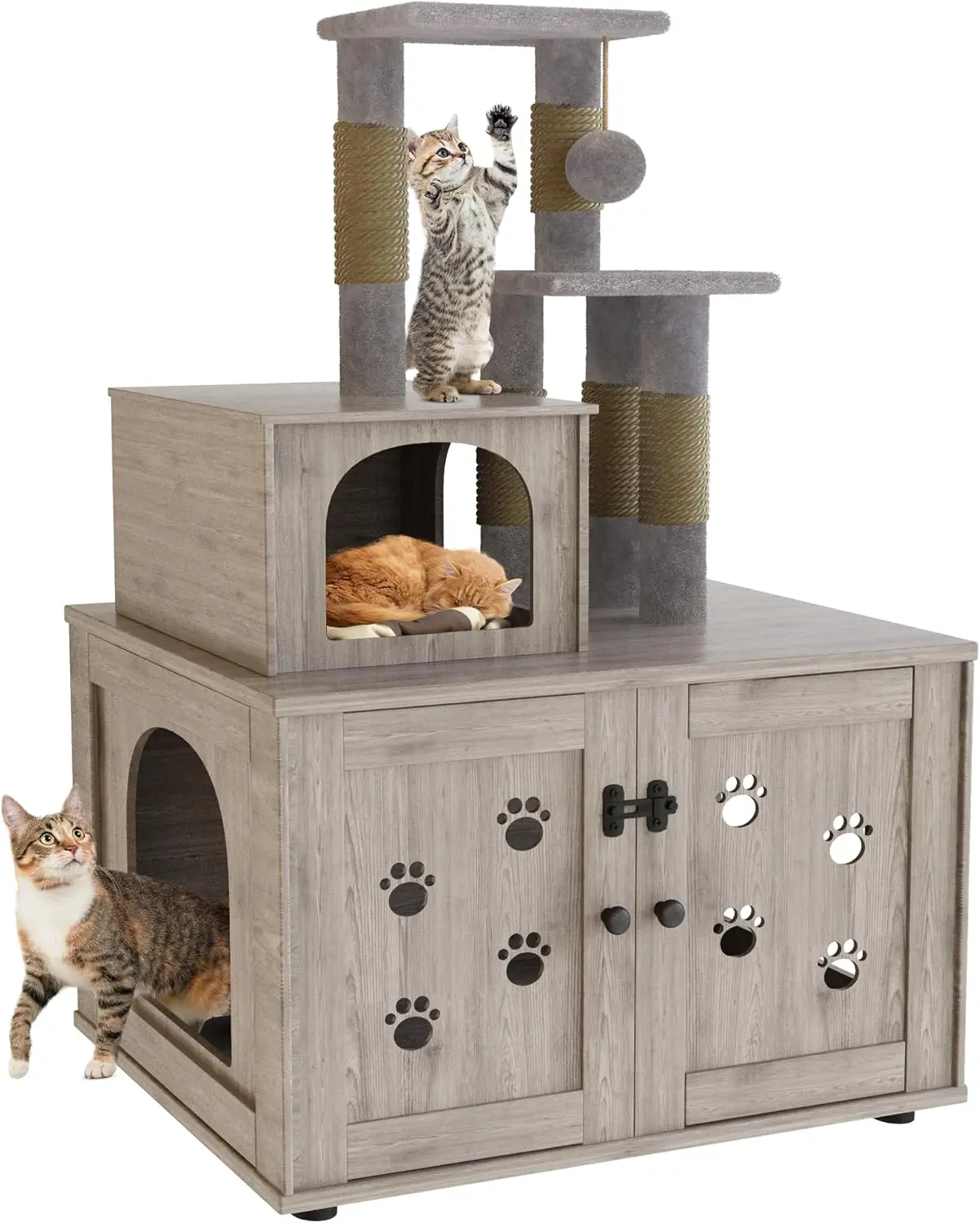 

Cat Tree with Cat Litter Box Enclosure, Hidden Cat Washroom Furniture with Divider, Large Wooden House with Tree Condo