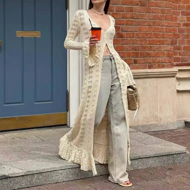 OMSJ 2024 Women French Chic Holiday Style Knitted Hollow Flare Sleeve Long Cardigan Elegant Loose V-Neck Single Breasted Outwear