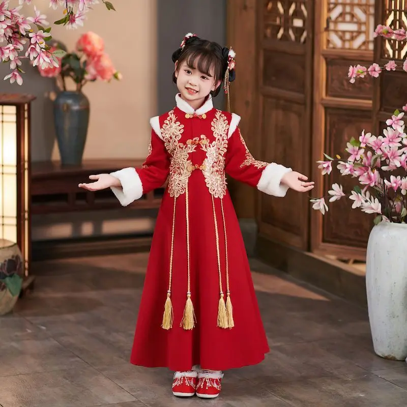 Hanfu Girls' Dress Winter 2024 New Style Plush Chinese Style Super Immortal Ancient Costume New Year's Dress Worship Dress