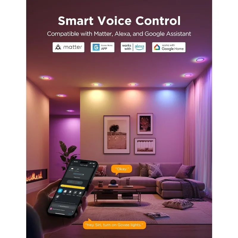 إضاءة ذكية مجوفة مقاس 6 بوصات، إضاءة RGBIC LED مع Alexa، Google Assistant، قابلة للتعتيم 1100LM #3