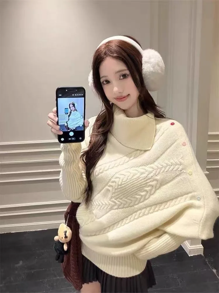 부드럽고 아늑한 하이 칼라 스웨터 여성용 루즈핏 롱 니트 탑 스윗 스타일 코튼 100% 가을 겨울...