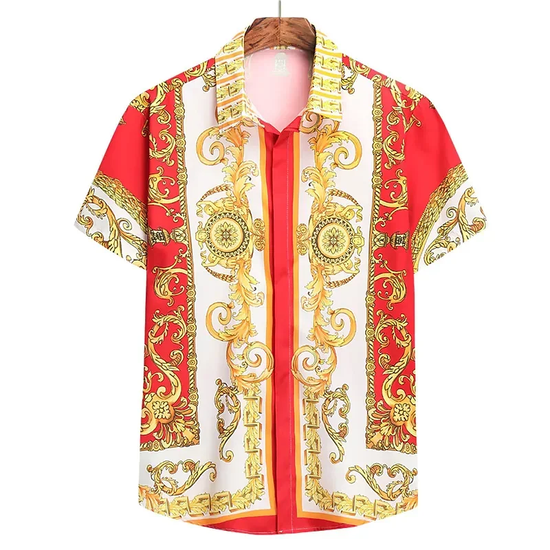Men's Ethnic Print Breathable Hawaiian Shirt Beach Vacation Shirt Gold Texture Men's Street Clothing Shirt Short Sleeve Lapel