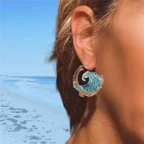 2024 New Creative Sky Blue Ocean Waves Diamond Studded Alloy Round Ring Earrings Necklace Lady Graduation Gift