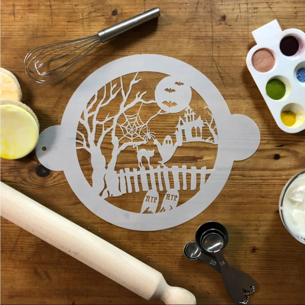 Halloween Ghost Bat Haunted House Scene Cake Stencil Round PET Food Grade Template for Cake Cookie Fondant Decor
