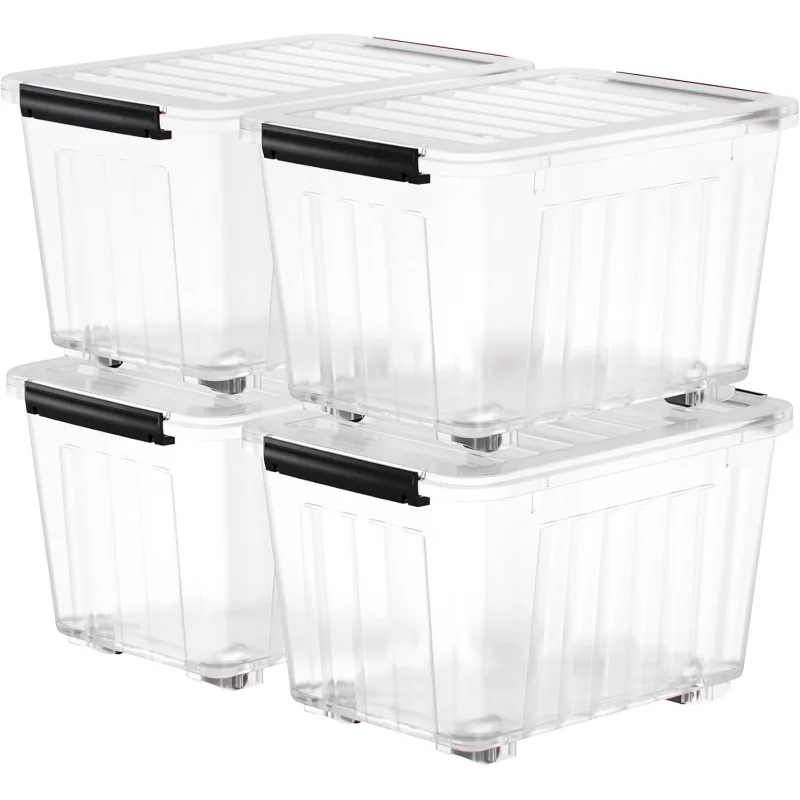 

72 Quart Plastic Storage Bin - Stackable/Nestable w/ Clear Lids & Secure Latches, Large Container (Clear, 4-Pack)