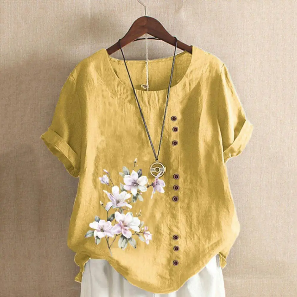 Elegant Daisy-Print Cotton Linen Shirt Casual Summer Women O-Neck Short Sleeve Yellow Pullover Top Fashion Street Flower Blous