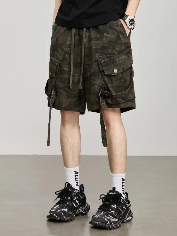 American Style Heavyweight Camouflage Work Shorts Men's Summer Multi-Pocket Rope-Tied Five-Part Loose Retro Casual Mid-Pants
