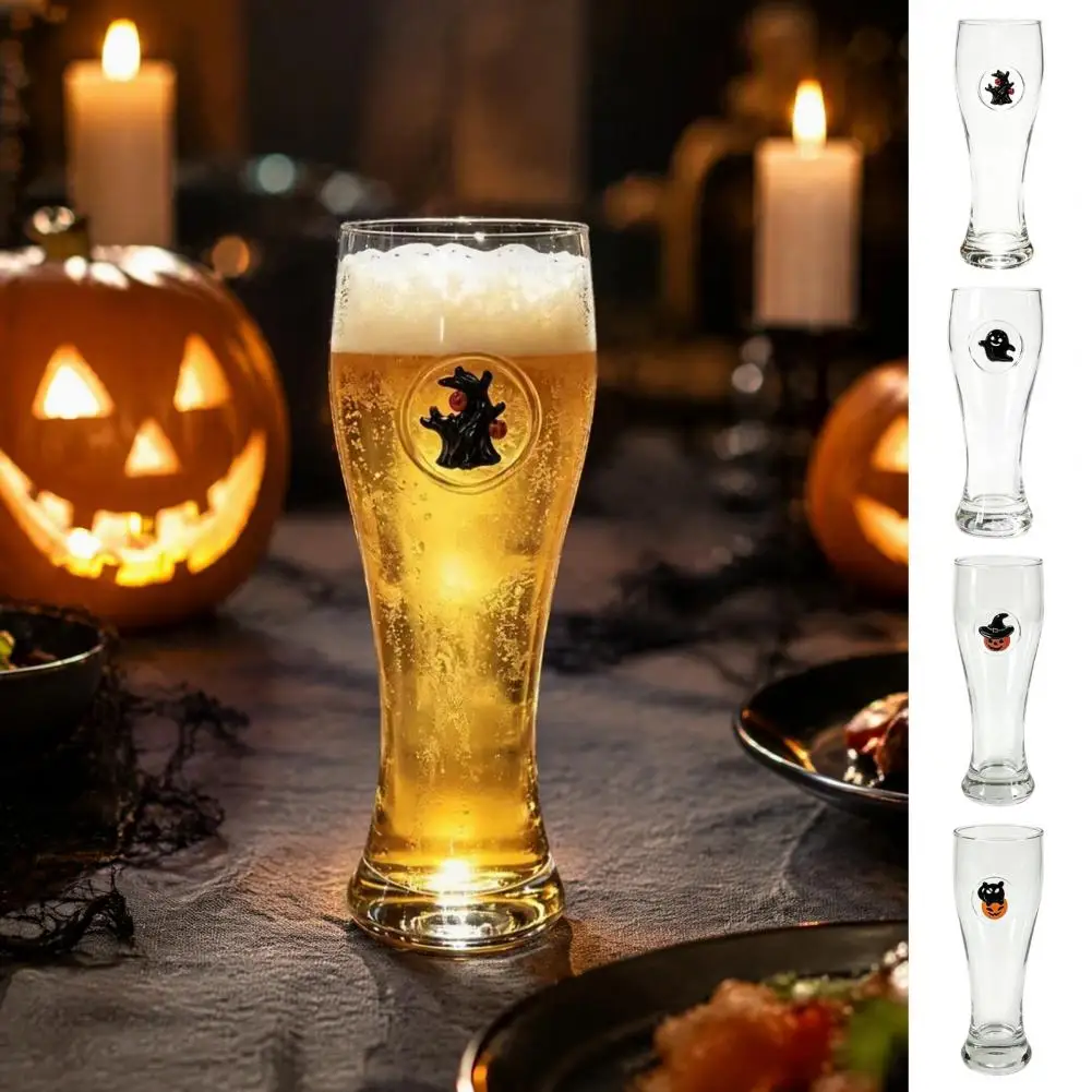 400ML Beer Glass, Spooky Pumpkin Ghost Black Cat Halloween Beer Cup, Holiday Tall Glassware for Bar, Kitchen Decor