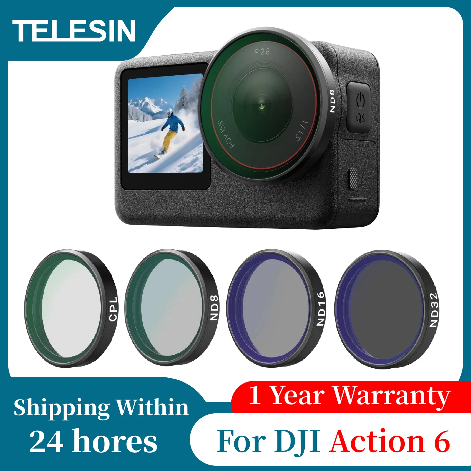 ชุดฟิลเตอร์เลนส์แบบถอดเร็ว TELESIN CPL ND8 ND16 ND32 UV VND สำหรับกล้อง DJI OSMO Action 6 อุปกรณ์เสริมสำหรับกล้องแอคชั่น ND UV VND