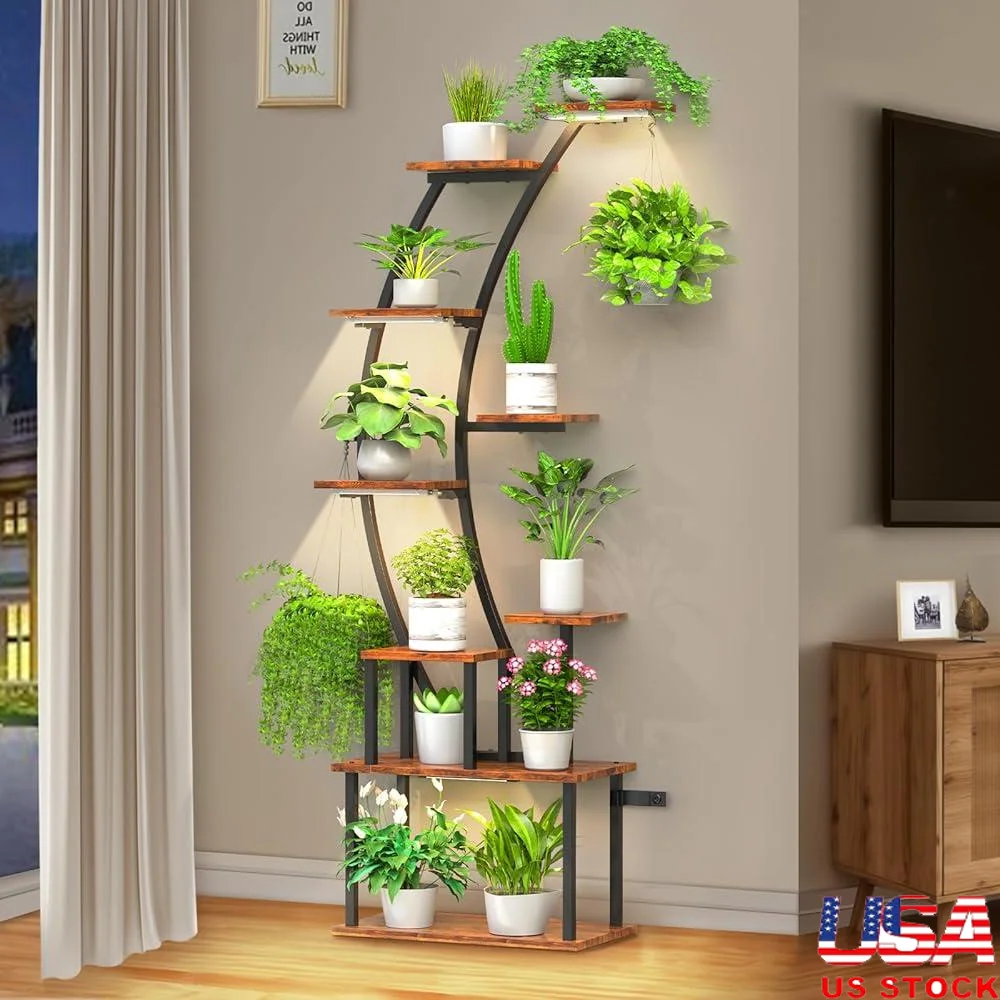 

Indoor Plant Stand with Grow Lights 9 Tier Metal Shelf Flower Pots and Home Decor Display