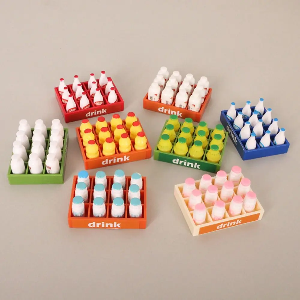 Trendy (12 Bottles+1 Frame) Dollhouse Simulation Milk Mini Realistic Refrigerator Kitchen Living Scene Decor Milk Decoration