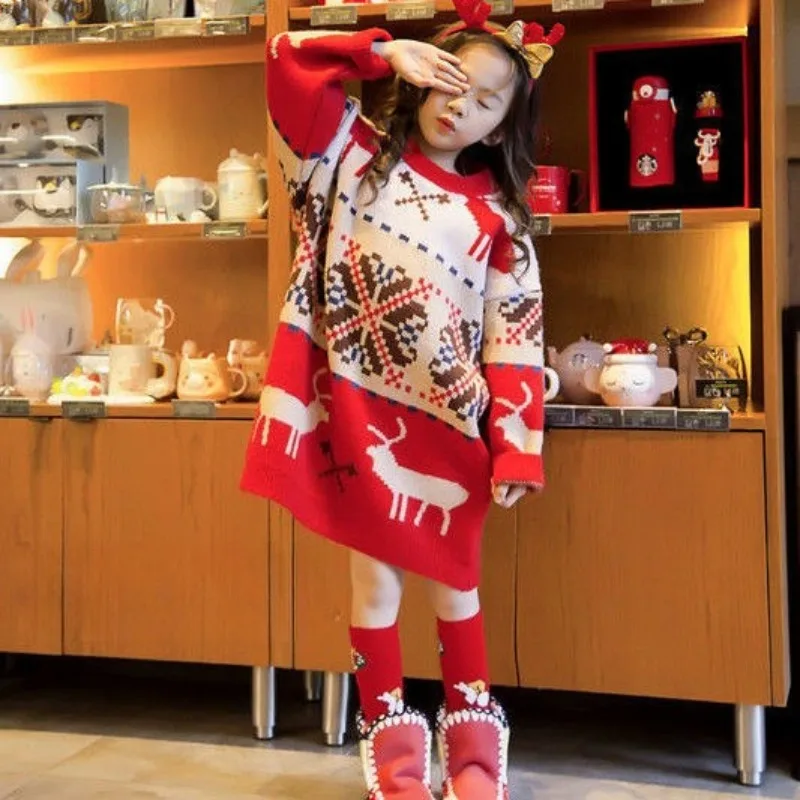

2025 New Kids Thermal Sweater Christmas Gift Thermal Thickened Knitwear for Girls Autumn Winter Korean Style Pullover Mid Length