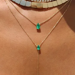 Water Drop Simple Double Layer Tear Drop Charm Necklace Green CZ Paved For Women Fashion Classic Clavicle Chain Jewelry
