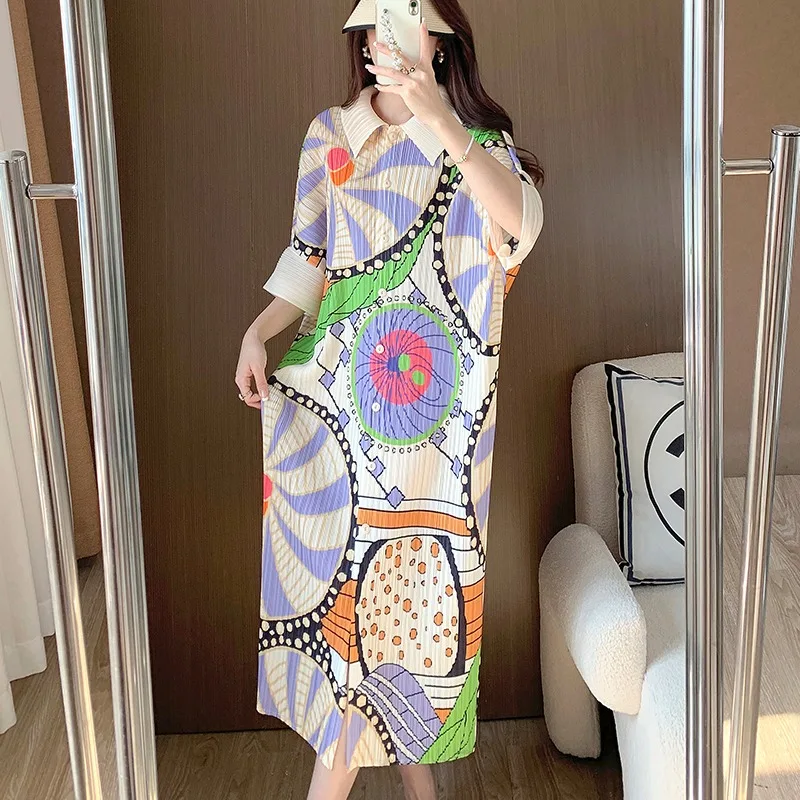 Miyake – robe longue plissée pour femmes, ample, grande taille, imprimé, revers, manches courtes, vêtements extensibles, grande taille, été