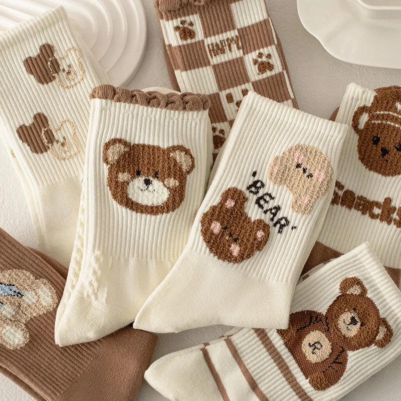 Chaussettes en coton imprimé Animal pour femmes, chaussettes pour dames, mode mignon ours Calcetines Harajuku Calcetines Mujer cadeau pour filles