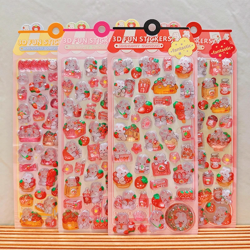 

2026hot 3D Relief Pink Strawberry Rabbit Sticker Cute 3D Crystal Sticker Girl DIY Phone Case Decorative Collage Sticker