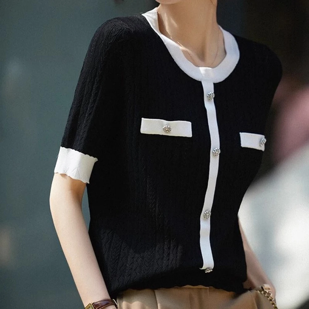 European Station Short sleeved Knitted Shirt Women's Summer New High Quality Fashion Splice Loose and Slim Appearance Casual Top