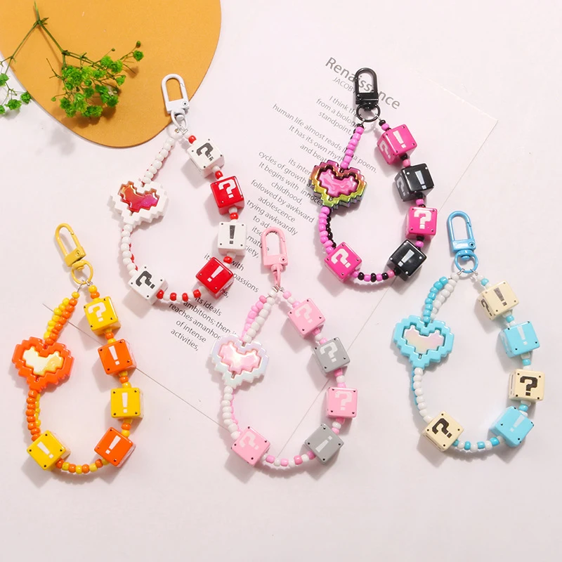 Cute Heart Keychain Trendy Candy Color Bead Lanyards Phone Case Hanging Cord Decoration Car Bag Backpack Beaded Pendant