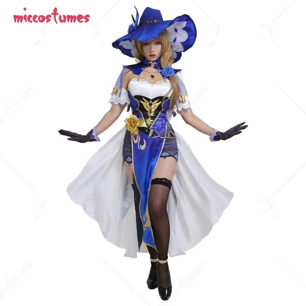 

Women's Lisa Sexy Purple and White Chest Open Cheongsam Dress Full Set Cosplay Costume with Witch Hat and Stockings