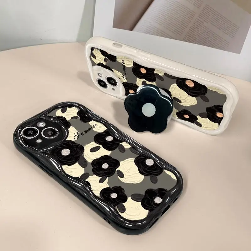 INS Black Flower Holder Phone Case for Infinix Hot 40 Pro 30I 20i 40i 20 30 12 9 Play Note 30 Smart 8 7 TECNO Spark 20 20C Cover