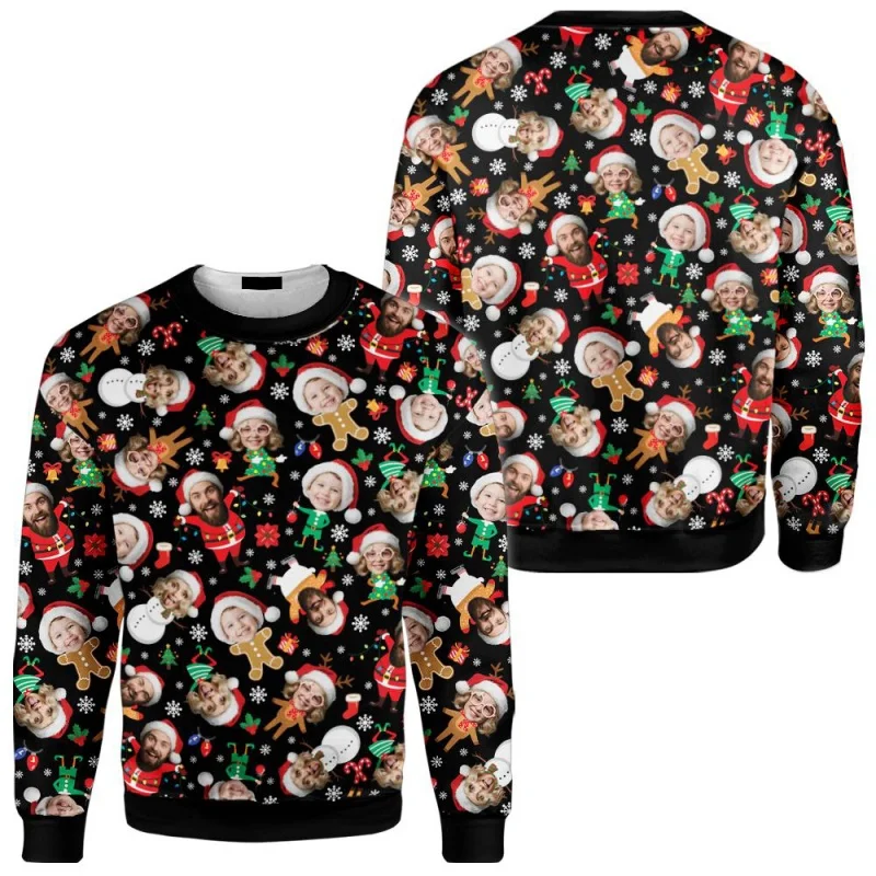 3D Printed Customized Portraits Sweatshirt For Men Women Christmas Hats Pattern Pullovers Casual Round Neck Long Sleeve Hoodies