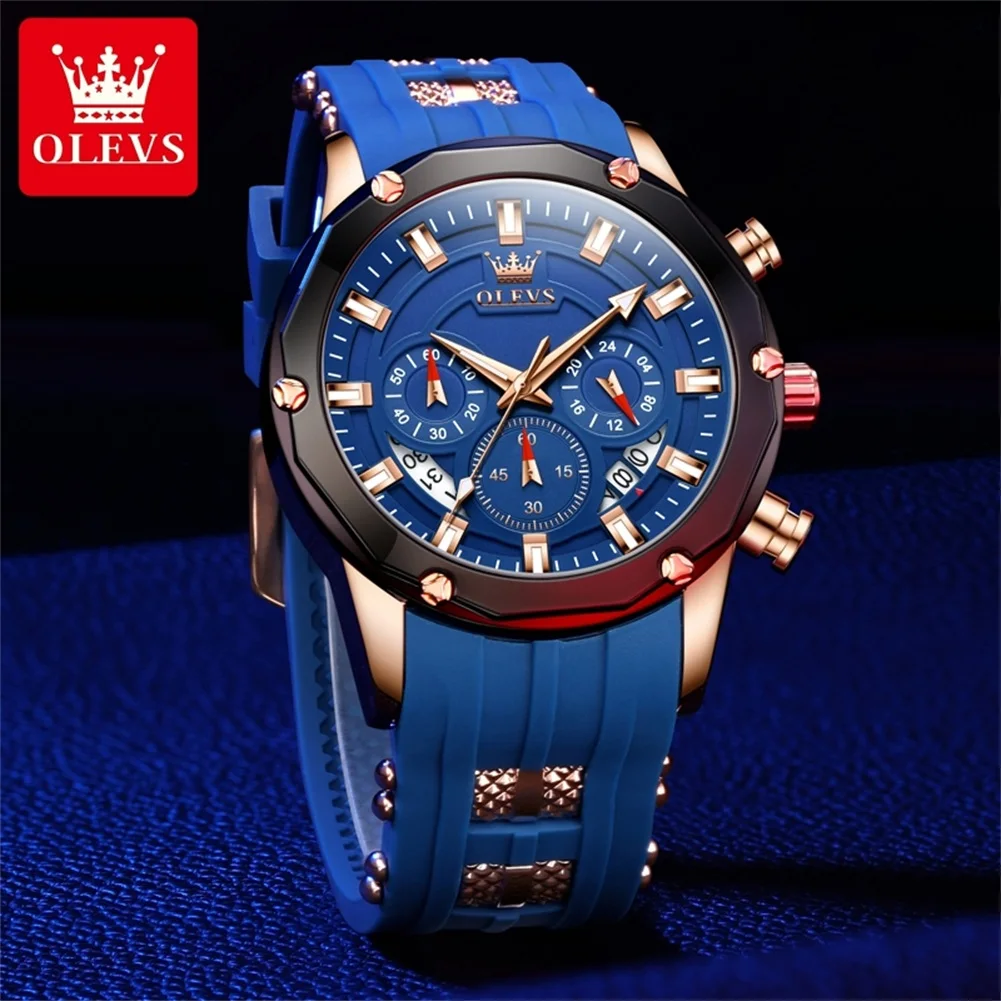 OLEVS New Original Men Watches Silicon Tape 45mm Large Dial Quartz Watch for Man Waterproof Chronograph Calendar Luminous Watch