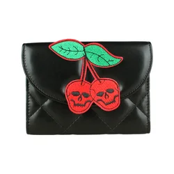 Americana Style Trifold Wallet with Skull Cherry Design, PU Leather Women's Halloween Themed Credit Card Holder