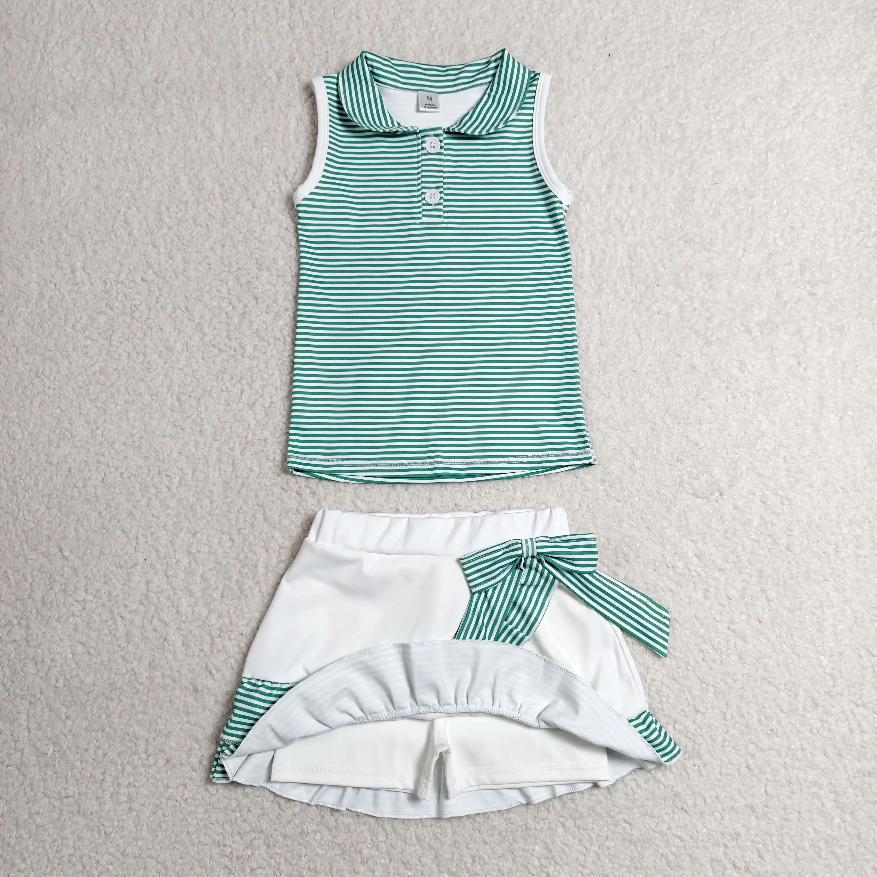 Wholesale Baby Girl Yoga Active Clothing Toddler Green Stripes Shirt Skirt Shorts Kids Girls Skort Set Athletic Summer Clothes