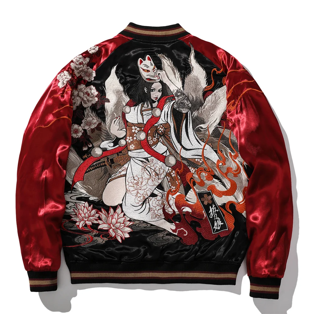Yokosuka Style Geisha Fox Mask Embroidered Red Jacket Japanese Men Baseball Streetwear Harajuku Hip Hop Clothing Autumn Coats