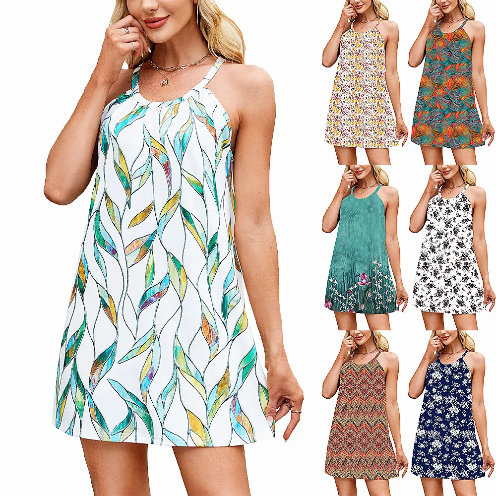 Abito estivo da donna con cinturino allentato Halter senza maniche Vintage con volant sexy Abito Befree grande grande Boho Casual Party Elegante abito longuette