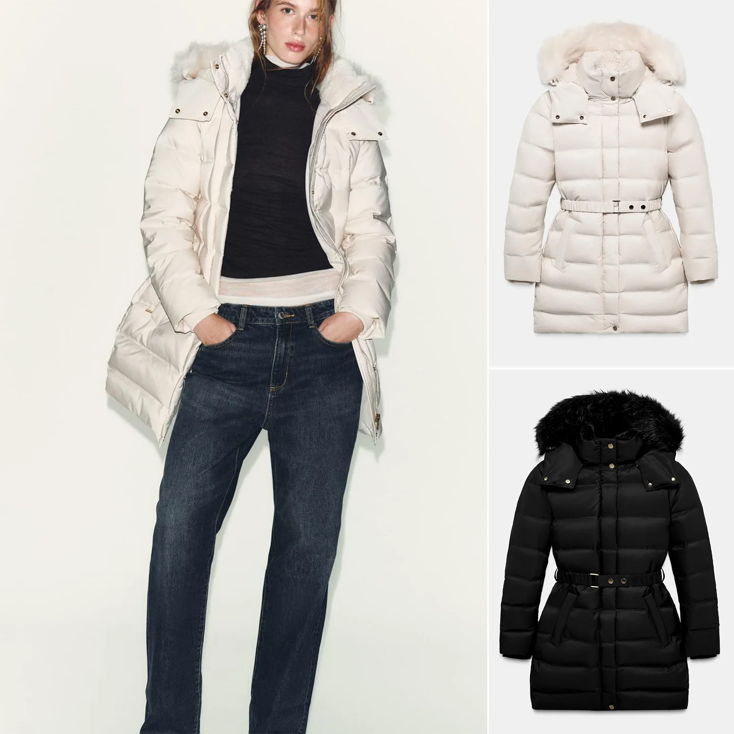 

Winter Women's mat Hooded Long Sve Detachable Faux Fur Effect down Jaet Straight Cut Commute Sle Zipper Closure