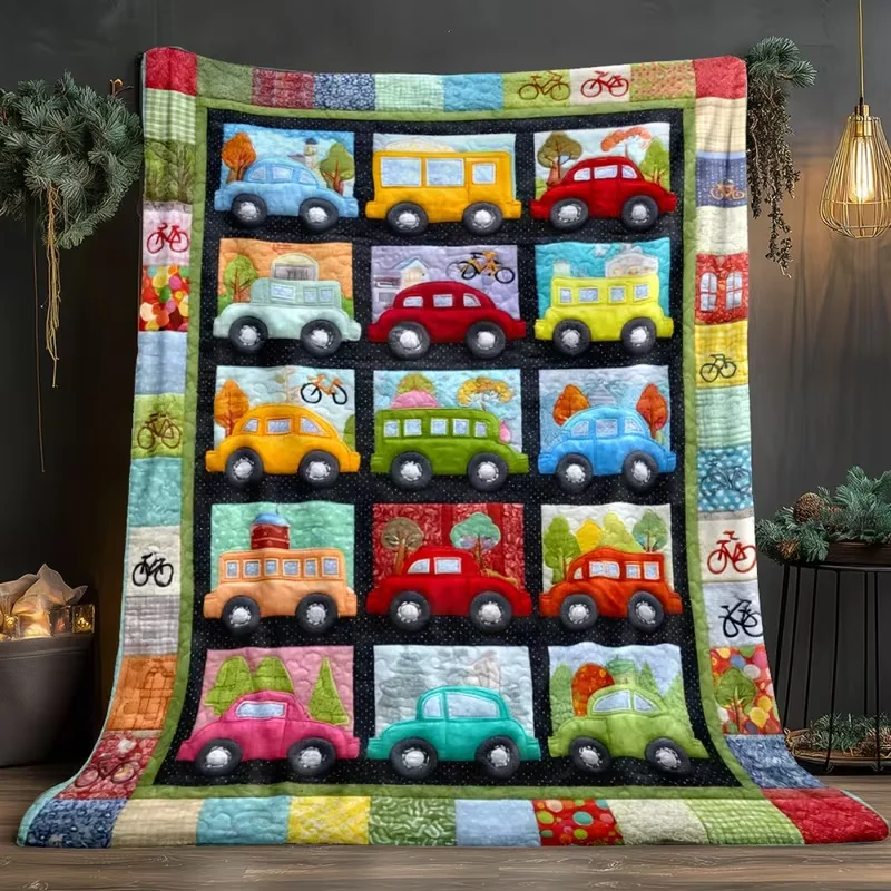 1 Stück Fahrzeugmuster Bunte Flanelldecke - Weiche Warme Decke für Sofa Bett Couch Stuhl Lebendiges Cartoon Auto Fahrrad Design in Rot