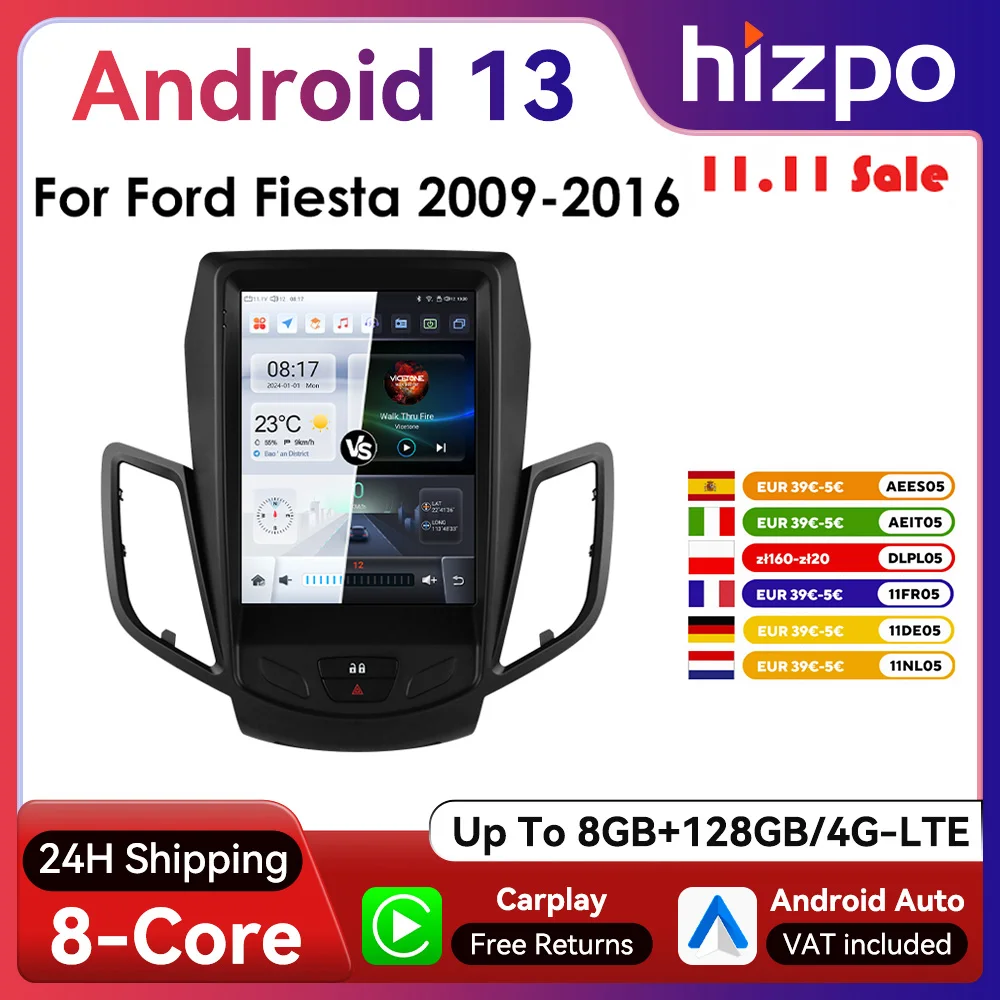 Hizpo 9.7inch Wireless CarPlay Android Auto Car Radio for Ford Fiesta 2009 - 2016 Navigation 4G GPS RDS DSP Tesla Style Screen