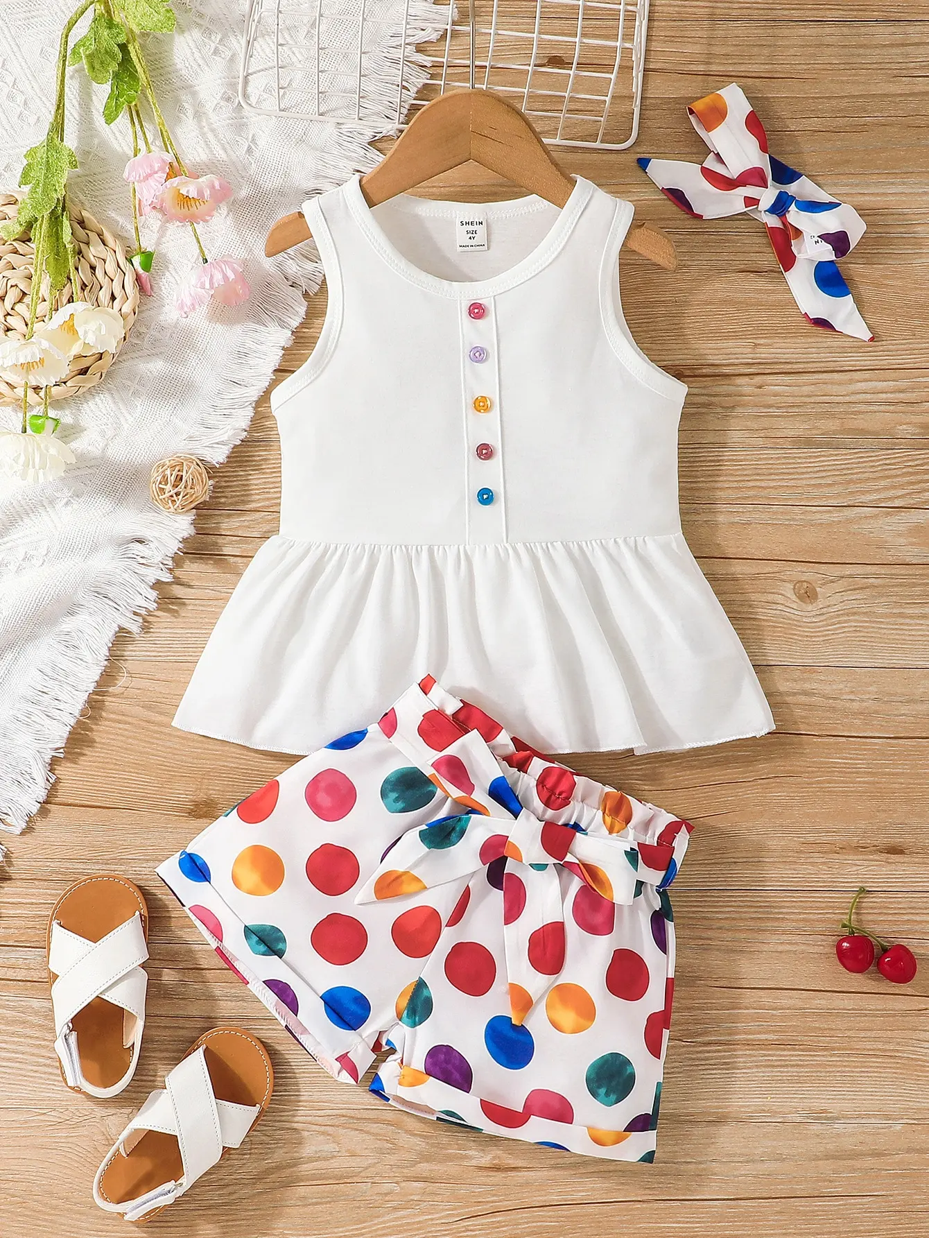 Summer Fashion Girls Colorful Polka Dot Vest Set