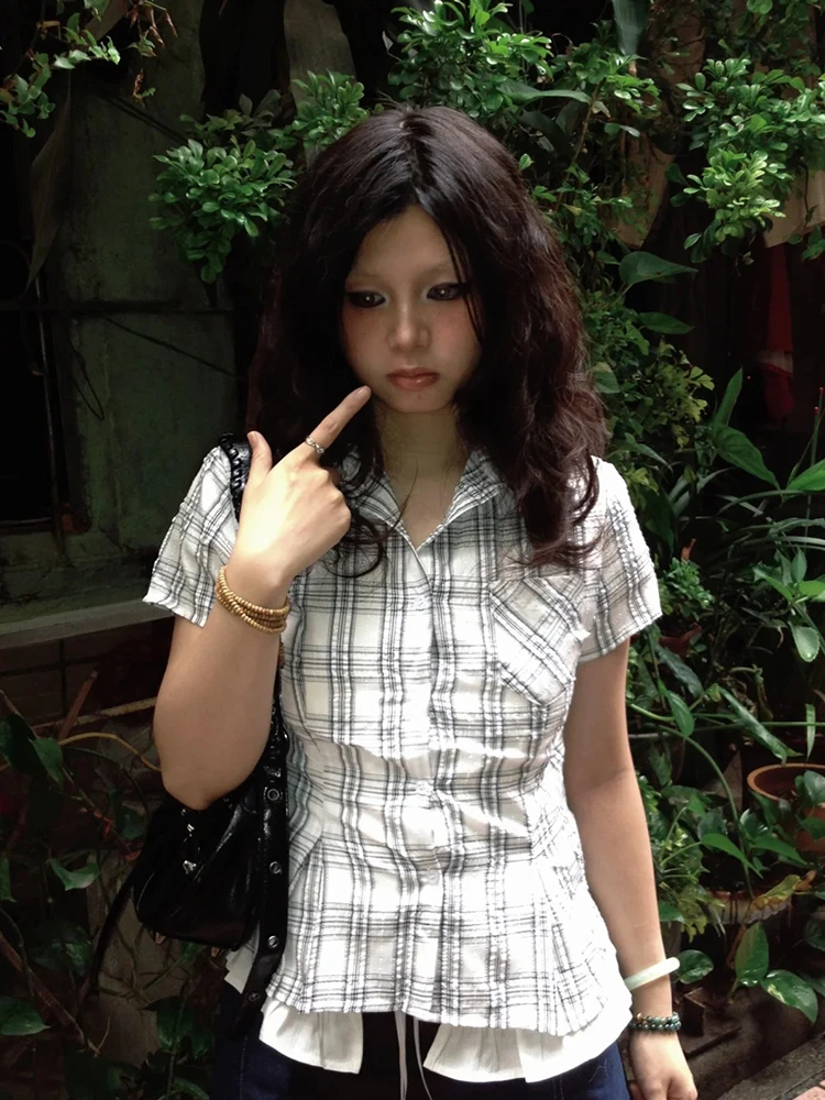 Genayooa Y2k Japanese Shirt Women Slim Short Sleeve Plaid Tee Tops American Retro Vintage Blouse And Shirt Streetwear Casual Top
