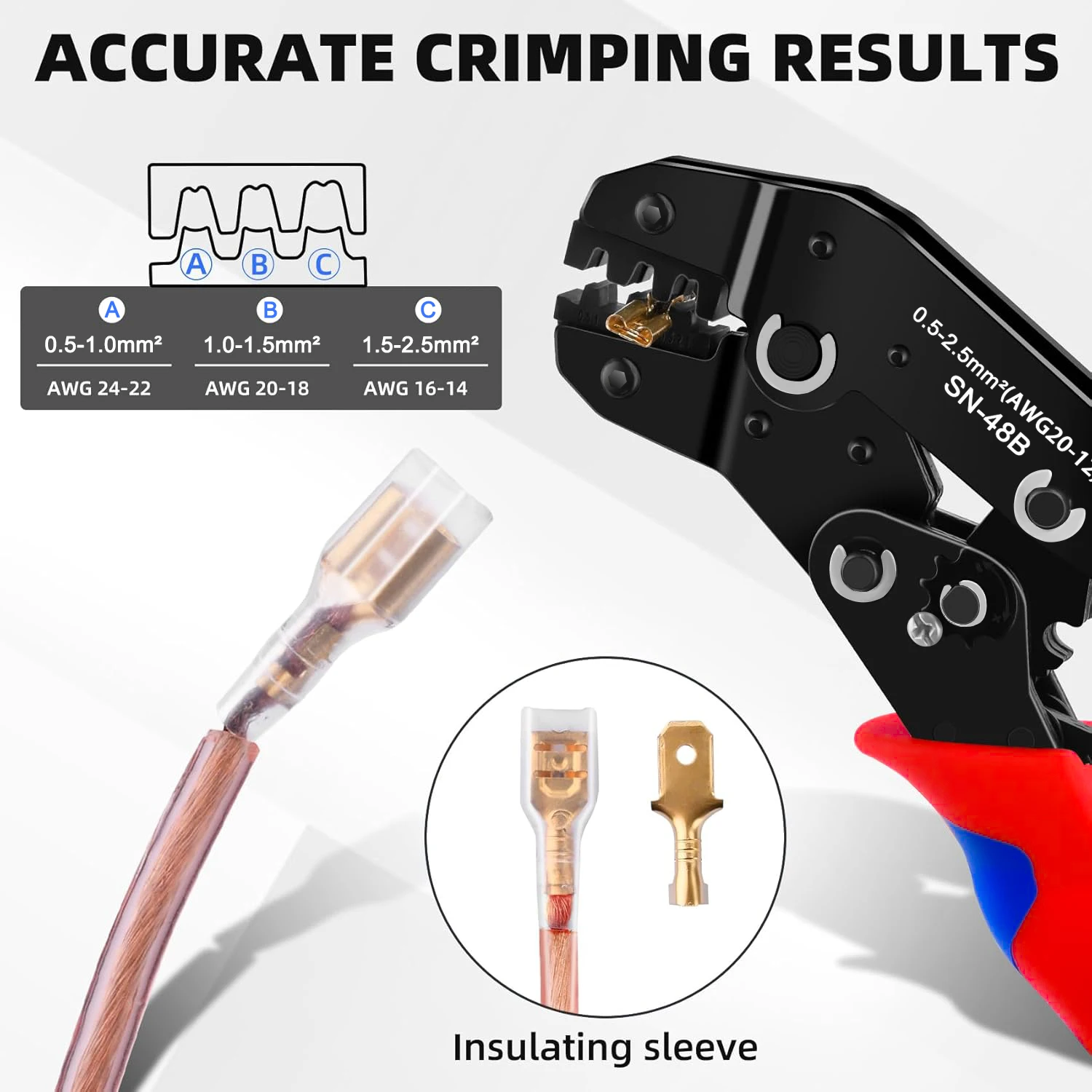 Open Terminal Connector Crimping Tool Kit,2.8/4.8/6.3mm AWG24-12 Crimper for Connectors,Male Female Spade and Ring Terminal