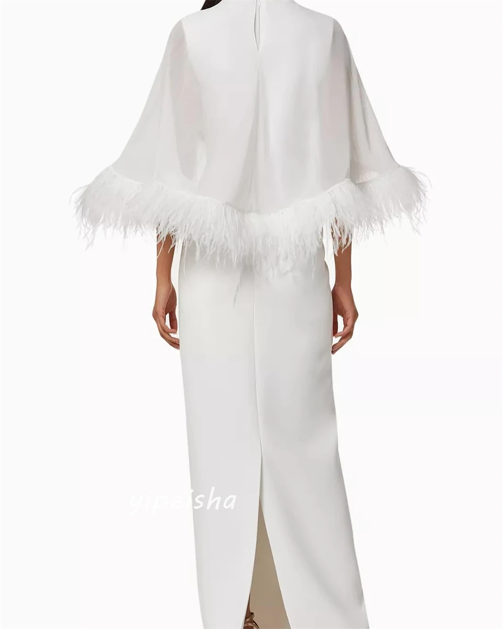 Robe de Bal de Forme Trapèze en Satin pour Femme, Tenue Formelle à Col Haut, Longueur au Sol, Plumes, sur Mesure, pour Occasions de Soirée, Arabie Saoudite